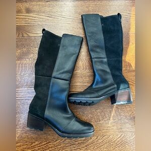 SOREL Cate Tall Black Leather Suede Block Stacked Heel‎ Tall Boots Classic 8.5